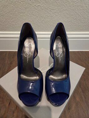Jessica Simpson Open Toe Patent Pump Heels Royal Blue Size 7.5